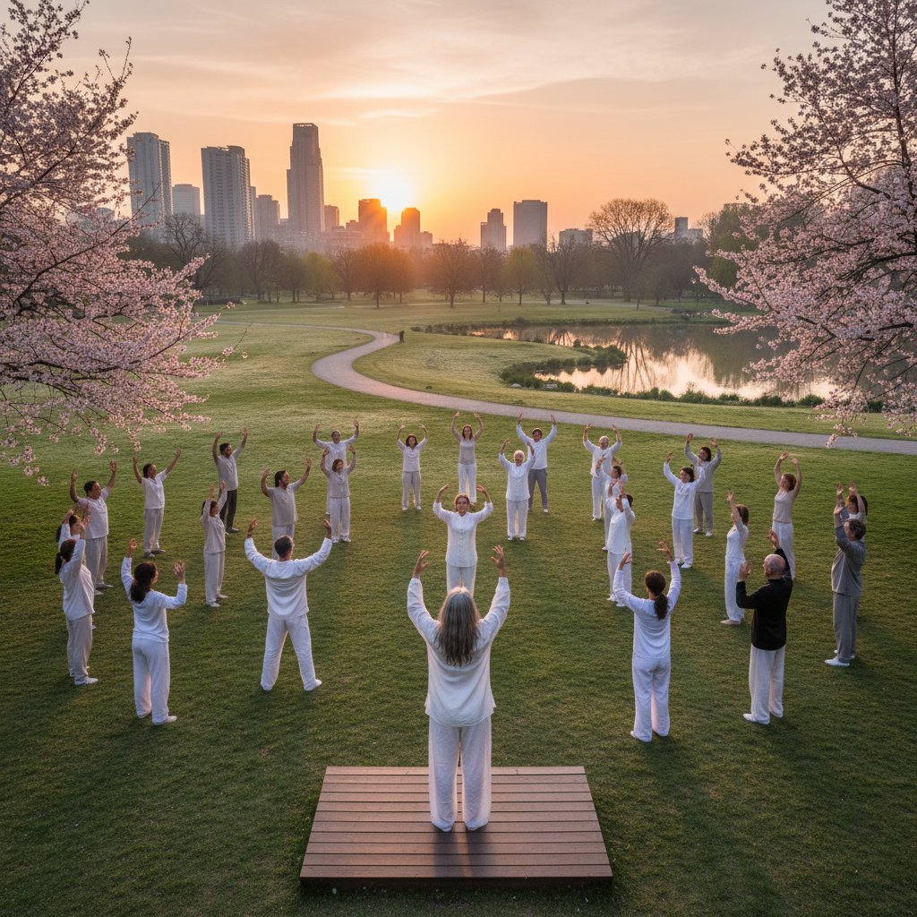 Instruktor qigong prowadzący zajęcia w parku, w tle grupa osób, atmosfera otwartości