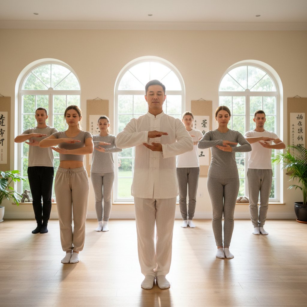 Instruktor pokazujący ćwiczenia qigong na stres, jasne studio, skupiona grupa