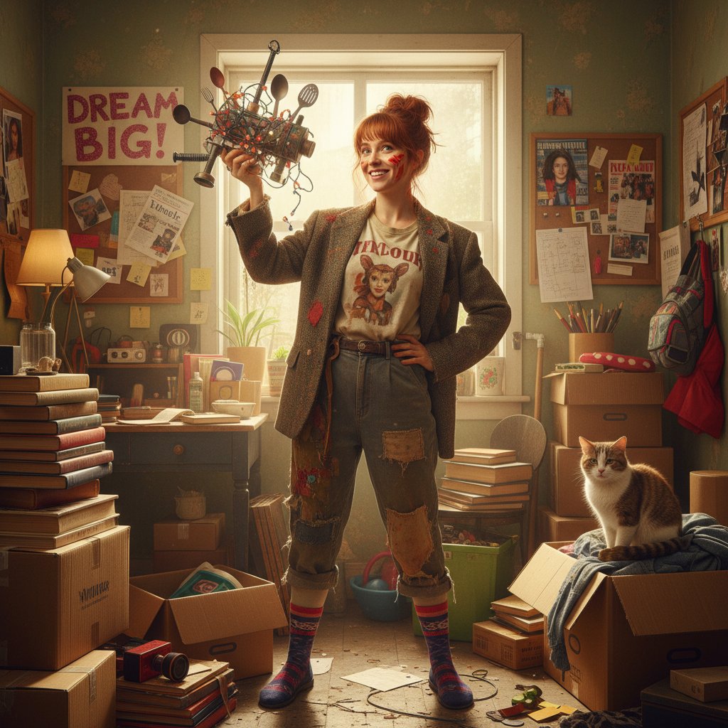 Quirky protagonist in humble city apartment, determined and hopeful, movie rags riches comedy scene