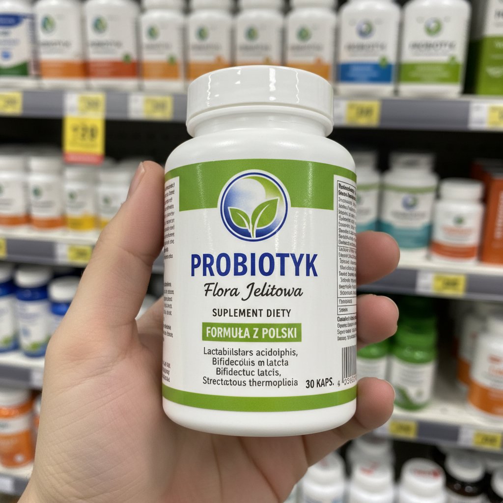 Zdjęcie dłoni trzymającej opakowanie probiotyku i sprawdzającej etykietę – słowa kluczowe: etykieta probiotyku, wybór, Polska
