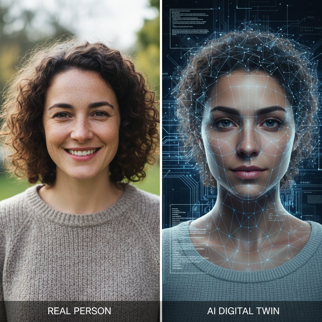 Side-by-side of a person and their AI-generated digital twin, illustrating the fidelity of modern digital memorial conversations