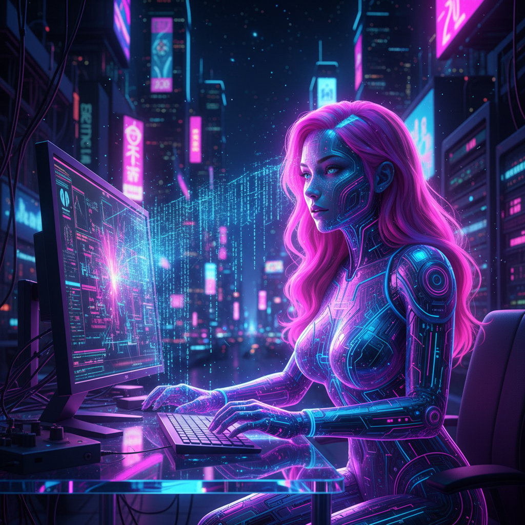 Realistyczna dziewczyna 3D przy komputerze, światło neonów, digitalny kod