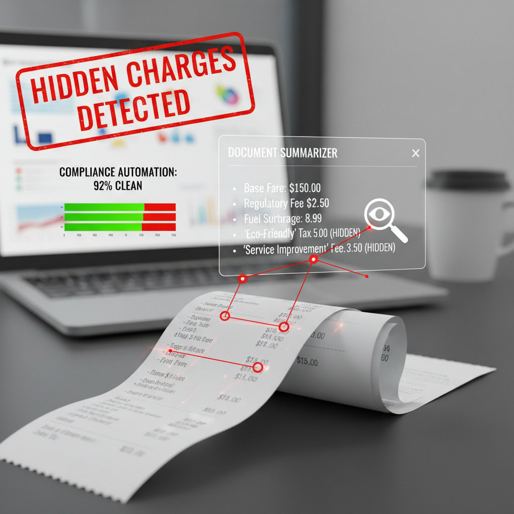 Receipt photo with hidden charges in fine print, symbolizing the hidden costs of compliance automation for document summarizer for compliance management