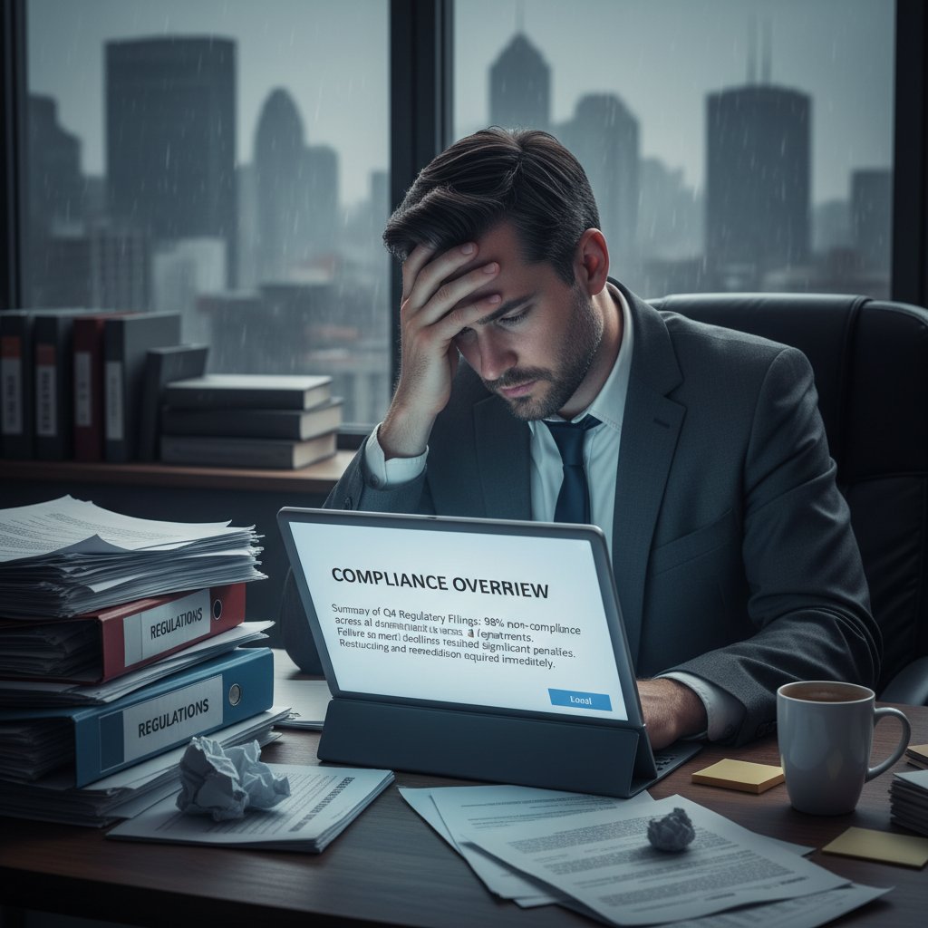 Close-up of a regretful compliance professional surrounded by paperwork, representing lessons learned in document summarizer for compliance management tool selection