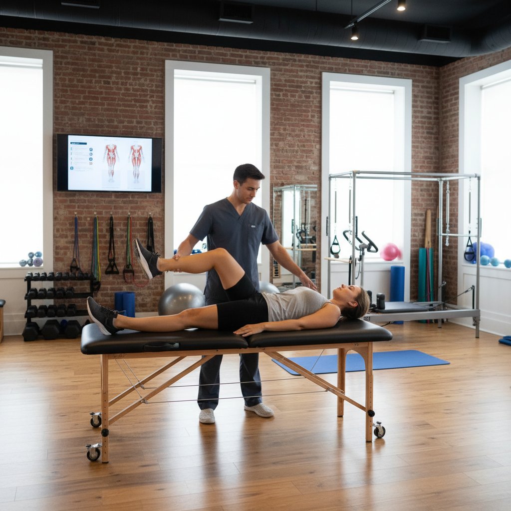 Terapeuta wykonuje ćwiczenia bierne z pacjentem po złamaniu ręki, profesjonalne studio rehabilitacyjne