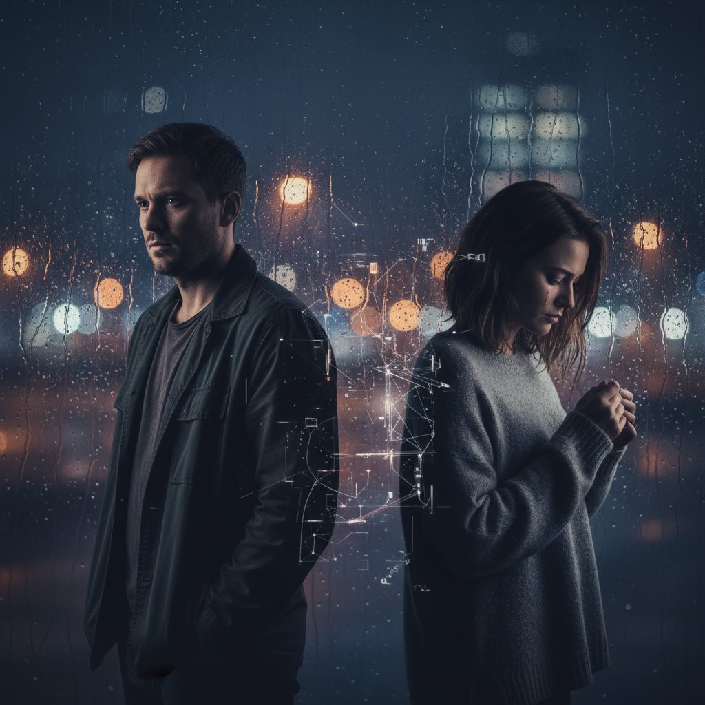 Moody portrait of person contemplating relationship anxiety at night, city view in background, keywords: relationship advice, commitment issues, anxiety