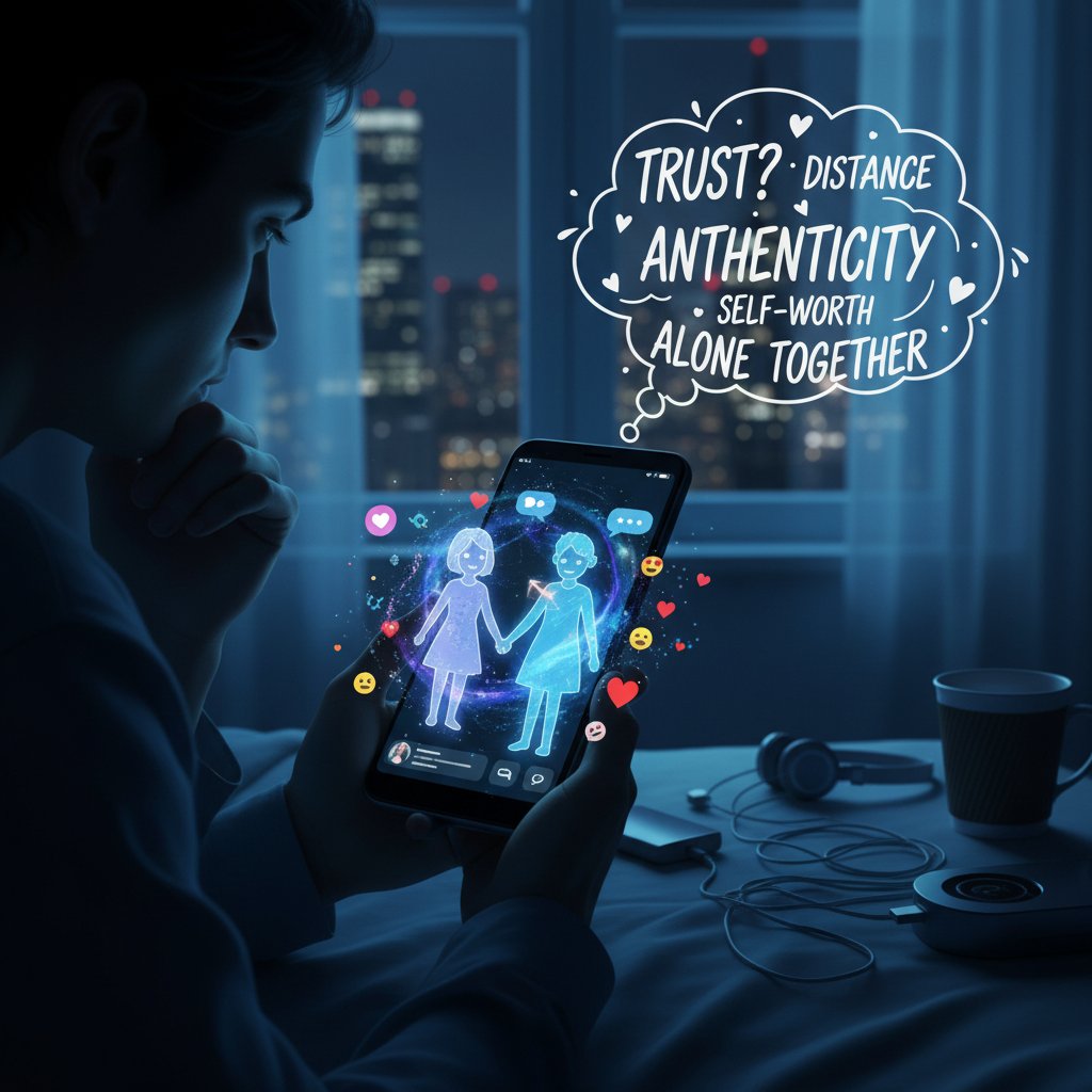 Close-up on smartphone screen showing relationship advice app, person reflecting in background, digital romance guidance