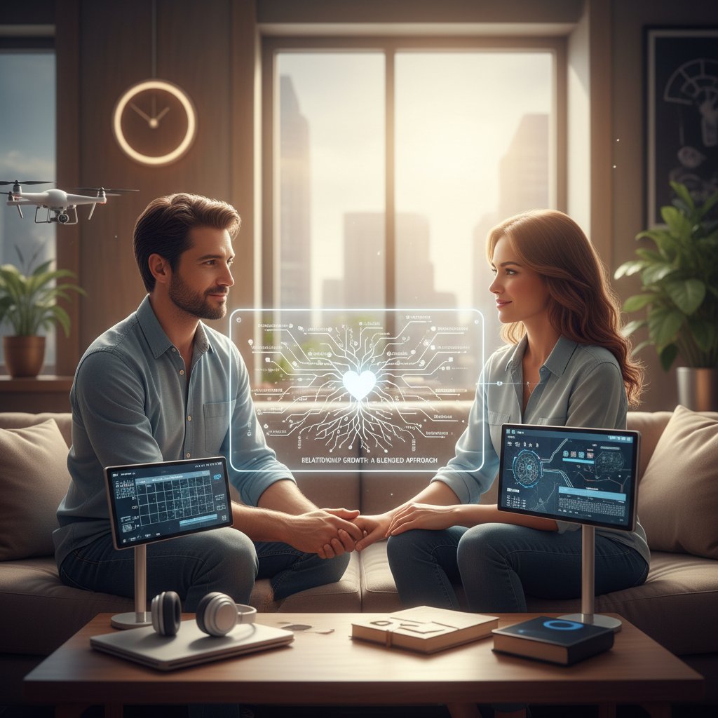 A couple in a cozy home, one partner using a phone with a relationship app, the other journaling, both engaged in self-reflection