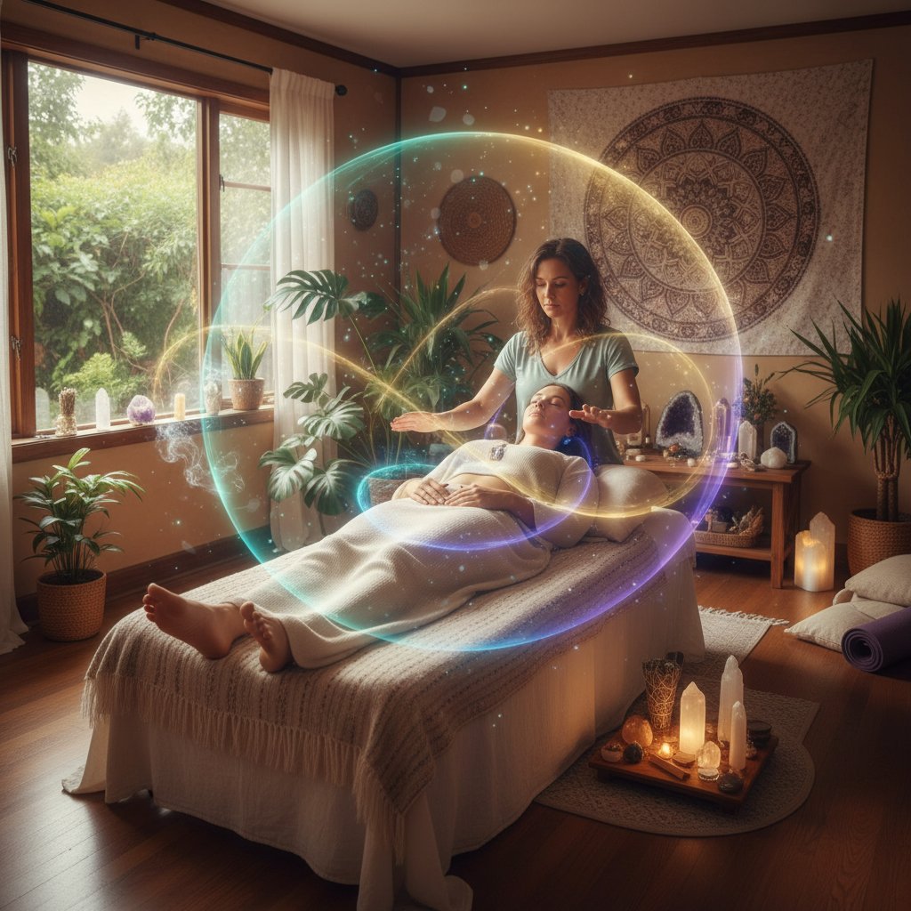 Bioenergoterapeuta prowadzi sesję relaksacyjną – pacjent w stanie wyciszenia