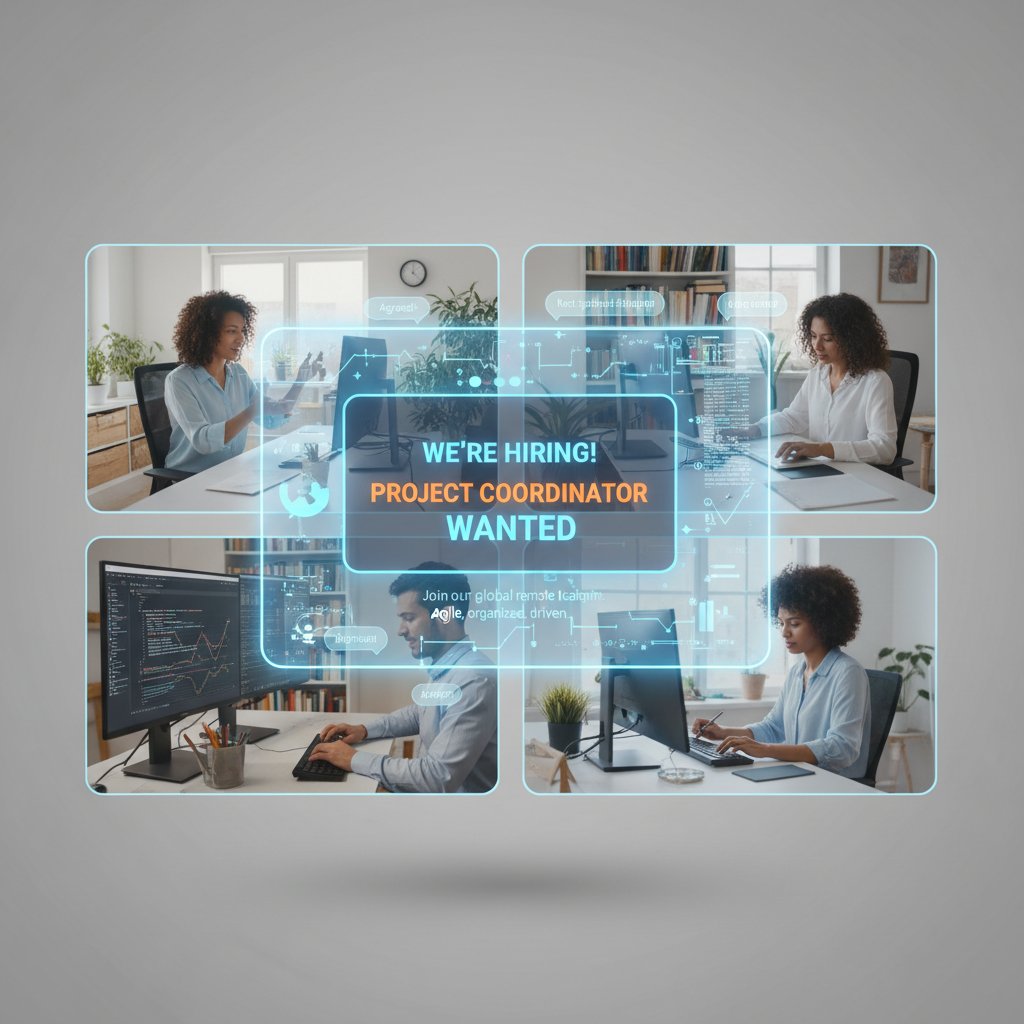Modern remote team on video call with digital overlays, representing looking for project coordinator in remote work environments