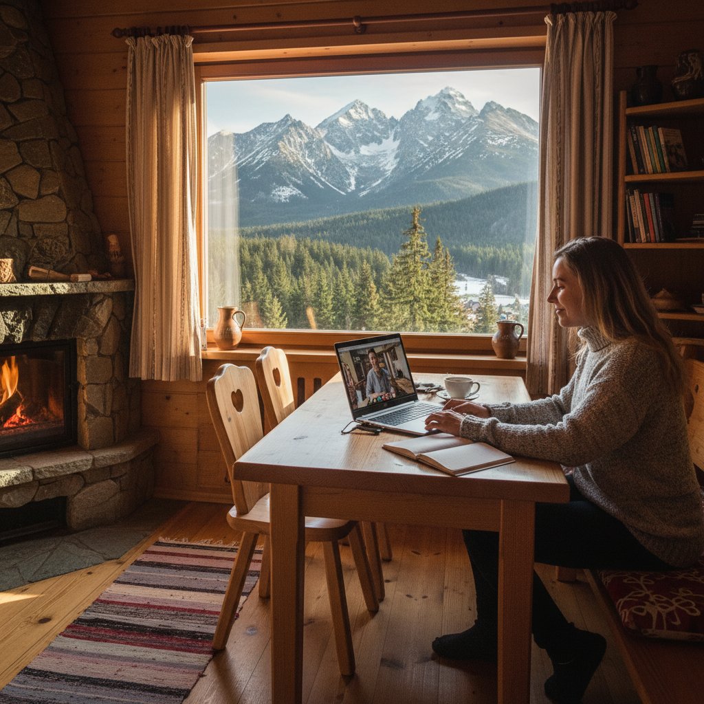 Młody freelancer pracujący zdalnie w górskiej kwaterze, laptop, panorama Tatr