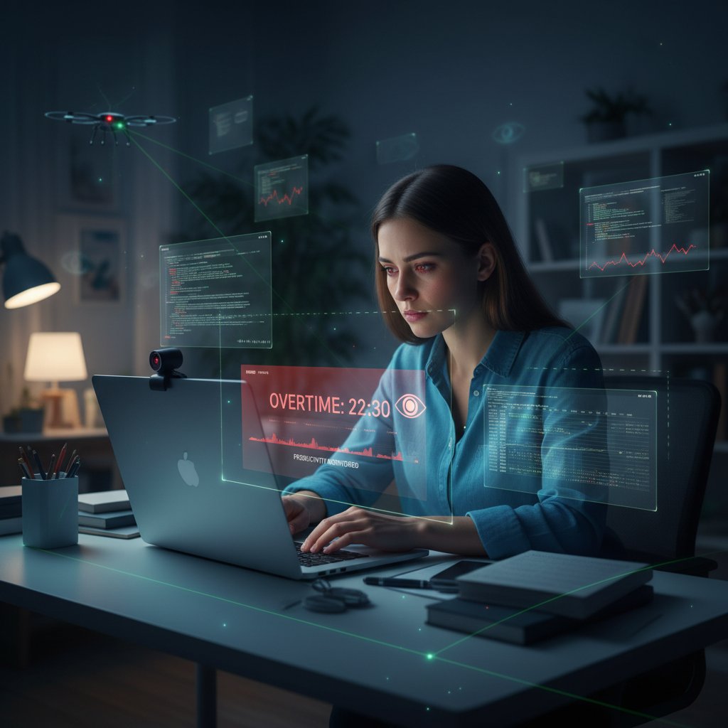Remote employee working overtime under digital surveillance, weary expression, employee productivity software solutions
