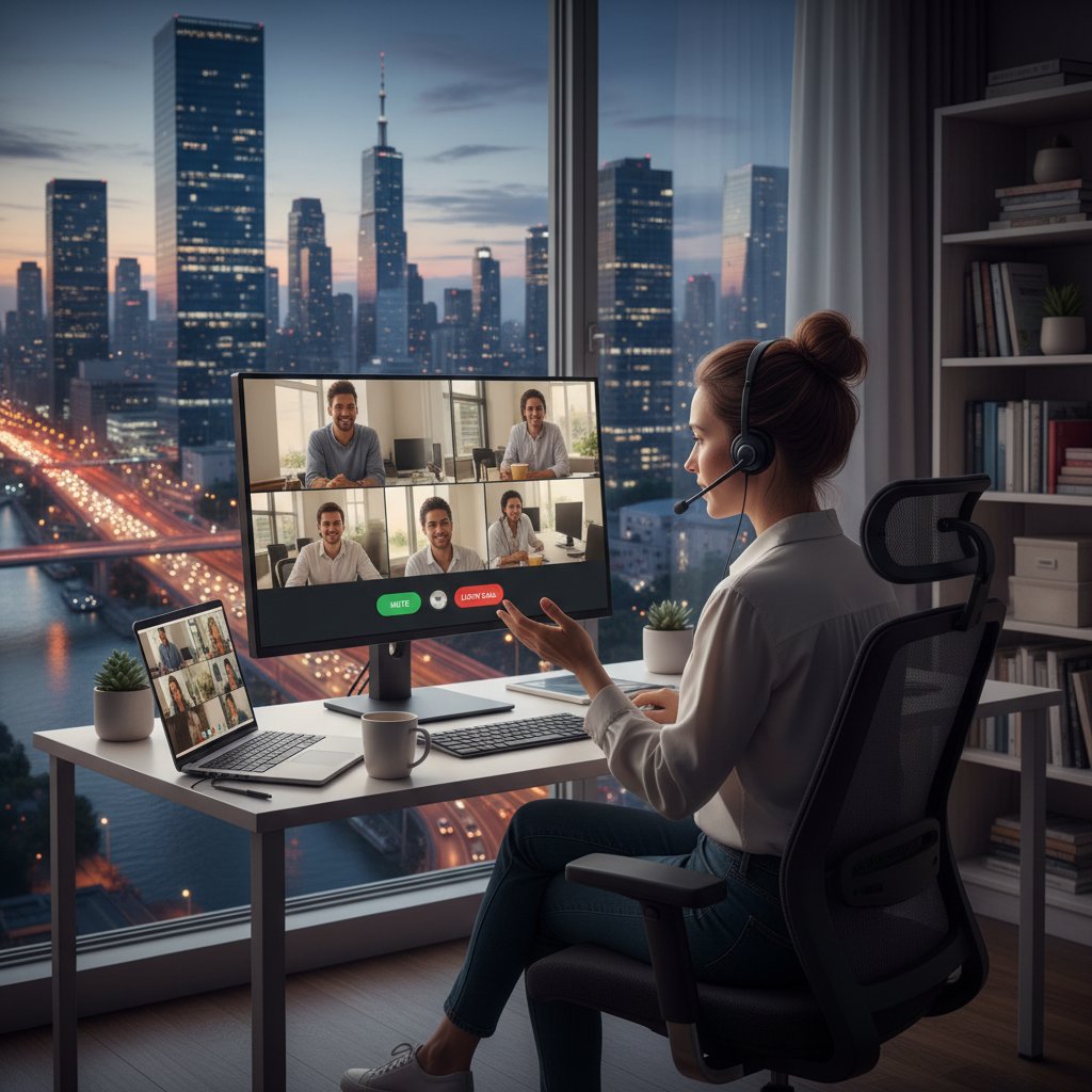 Remote support team collaborating across time zones, remote-worker--video-call--cityscape