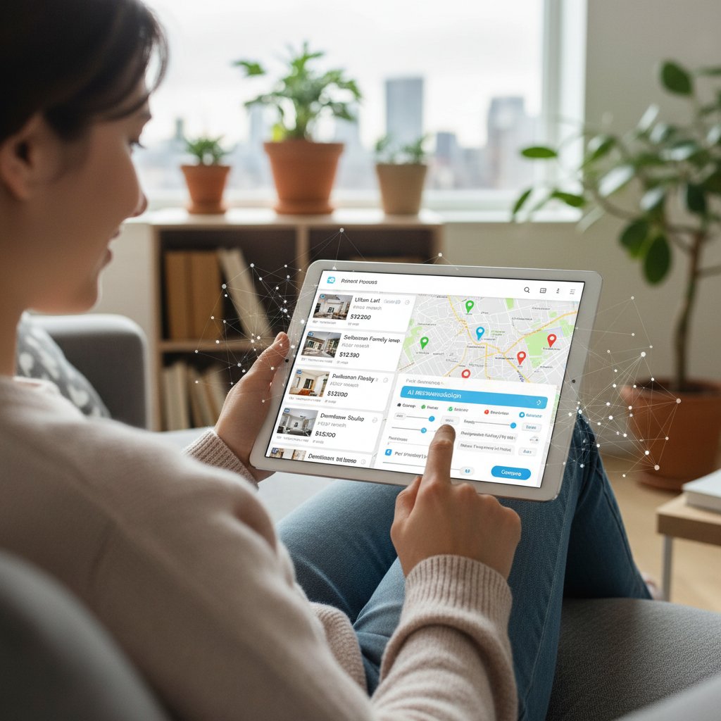 Renter using AI platform on tablet to compare monthly rental accommodations