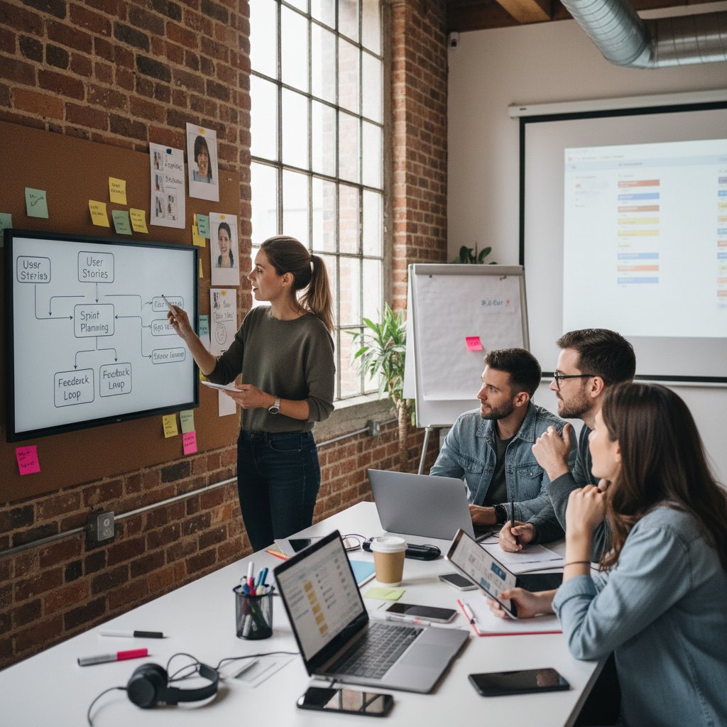 Research coordinator leading agile tech team in collaborative workspace