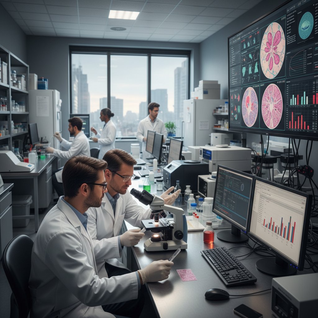 Laboratorium badawcze, naukowcy analizujący dane z biopsji nerki na ekranach komputerów