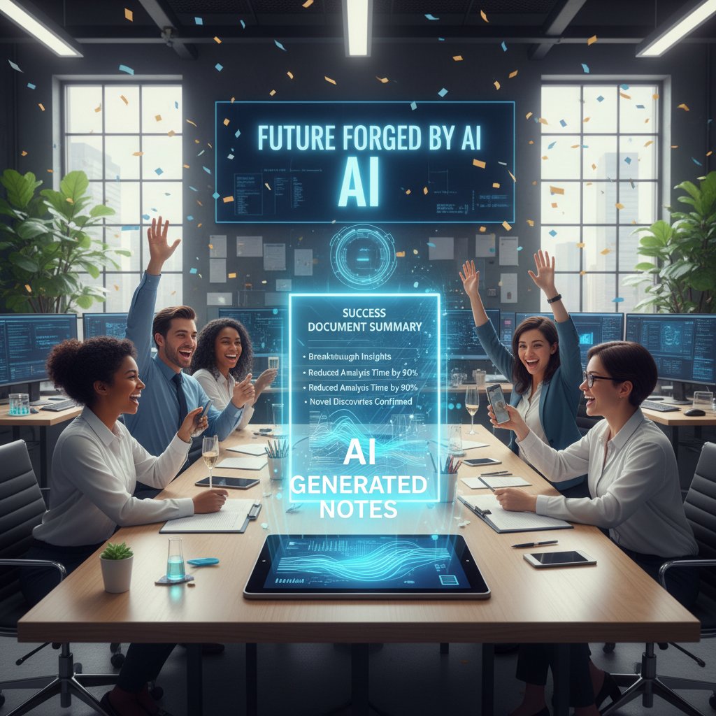 Researchers celebrating success with AI document summary, academic team, positive mood