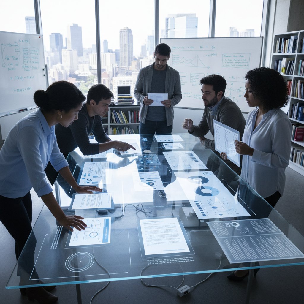 A dynamic photo showing a collaborative team of researchers working over digital summaries, symbolizing mastery of document summarizer for researchers workflow