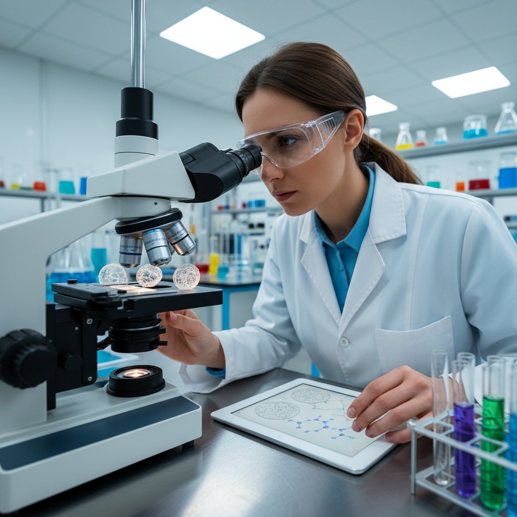 Badacz analizujący próbki kolagenu pod mikroskopem w laboratorium