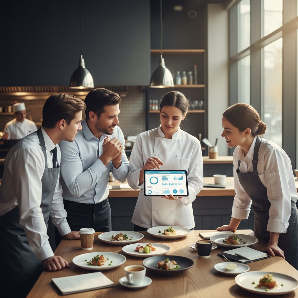 Zespół restauracyjny omawiający wyniki wdrożenia AI na tablecie, partnerska współpraca