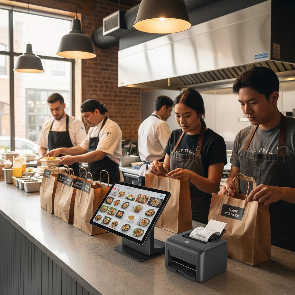 Zespół restauracji przygotowujący zamówienia na wynos w kuchni. Nowoczesna technologia POS.