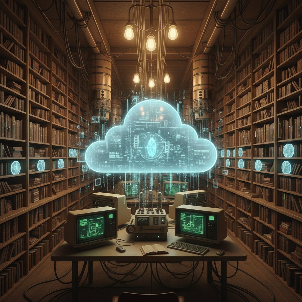 Transition from paper archives to digital cloud in a retro-modern office, illustrating the evolution of document digitization market trends
