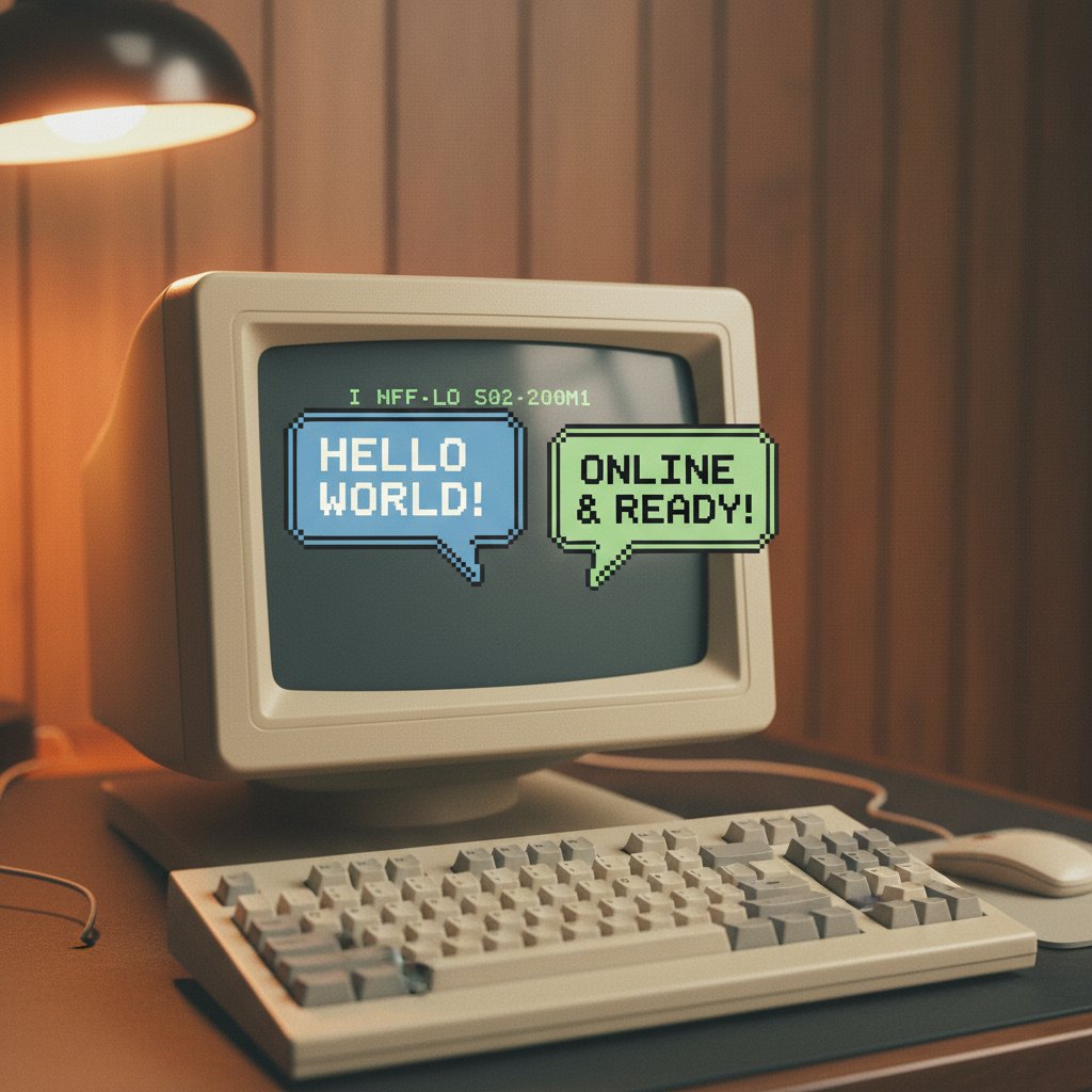 Retro komputer i okno czatu z symulatorem randki – klimat lat 90., symulator pierwszego spotkania