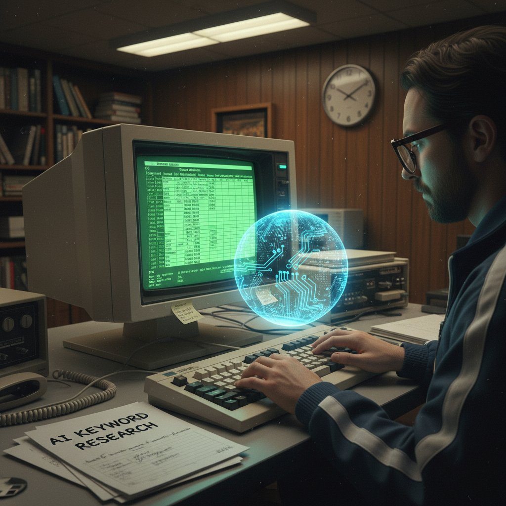 Contrast between manual keyword research and modern AI-powered approaches. Retro computer with sprawling spreadsheets, contrasted with a stylized AI assistant overlay.