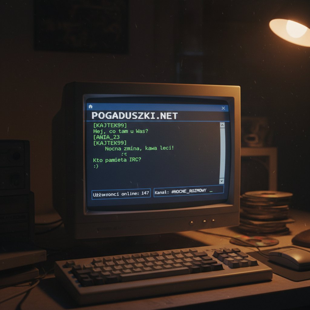 Stary polski czat internetowy na ekranie komputera, ilustrujący początki randek online w Polsce