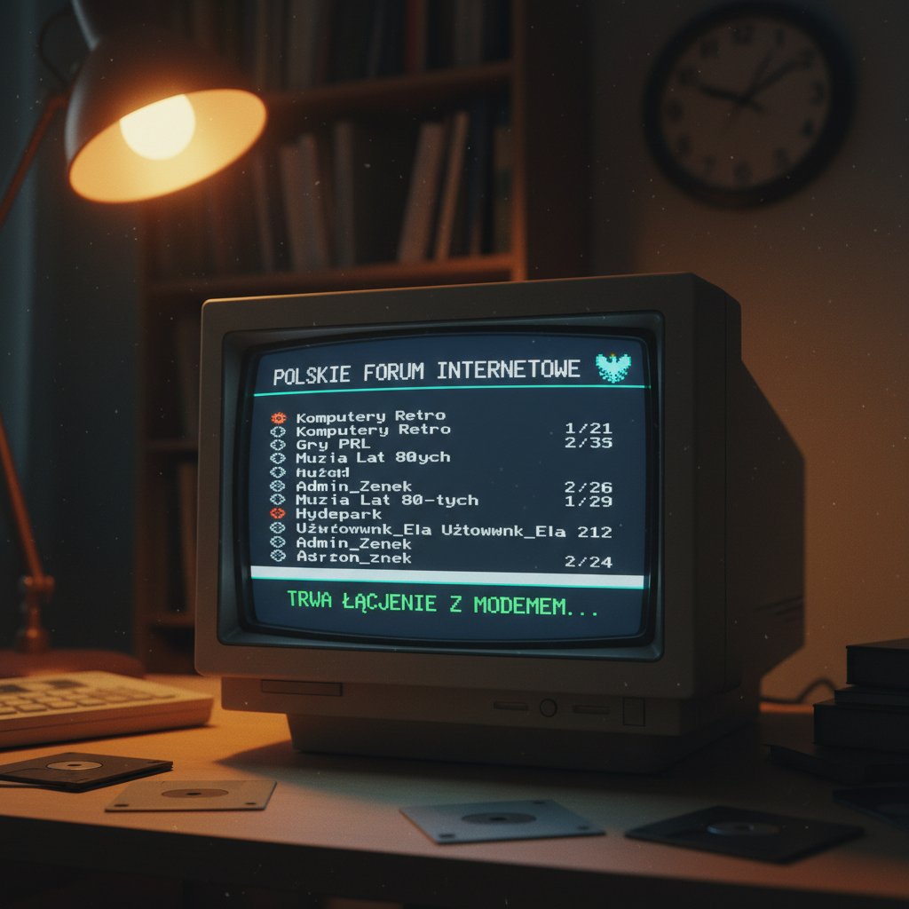 Klasyczne forum internetowe w stylu retro, rozmowa online bez terapii, nostalgiczna atmosfera