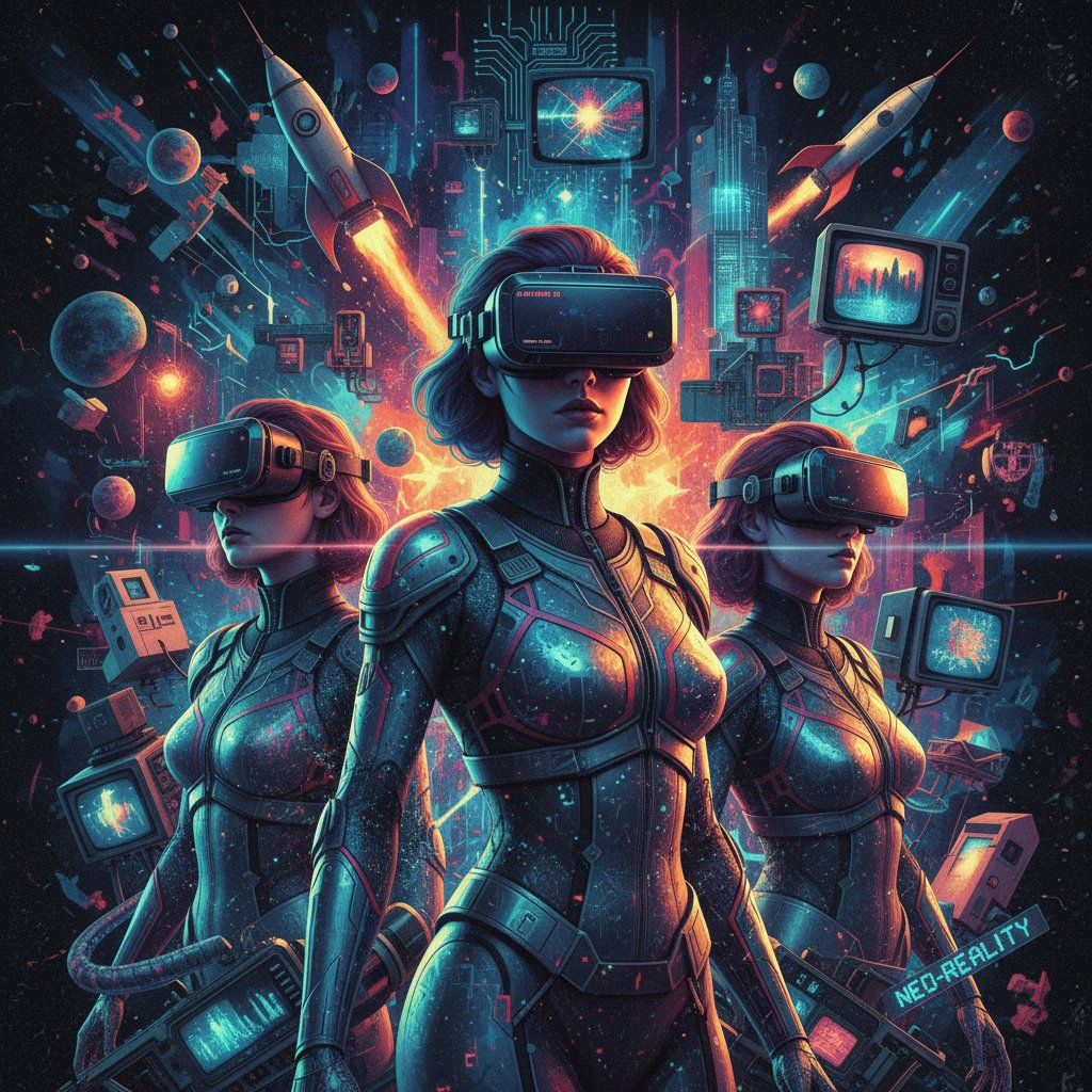 Ewolucja wirtualnych towarzyszek VR od prostych chatbotów po zaawansowane partnerki AI, efekt retro-futurystyczny