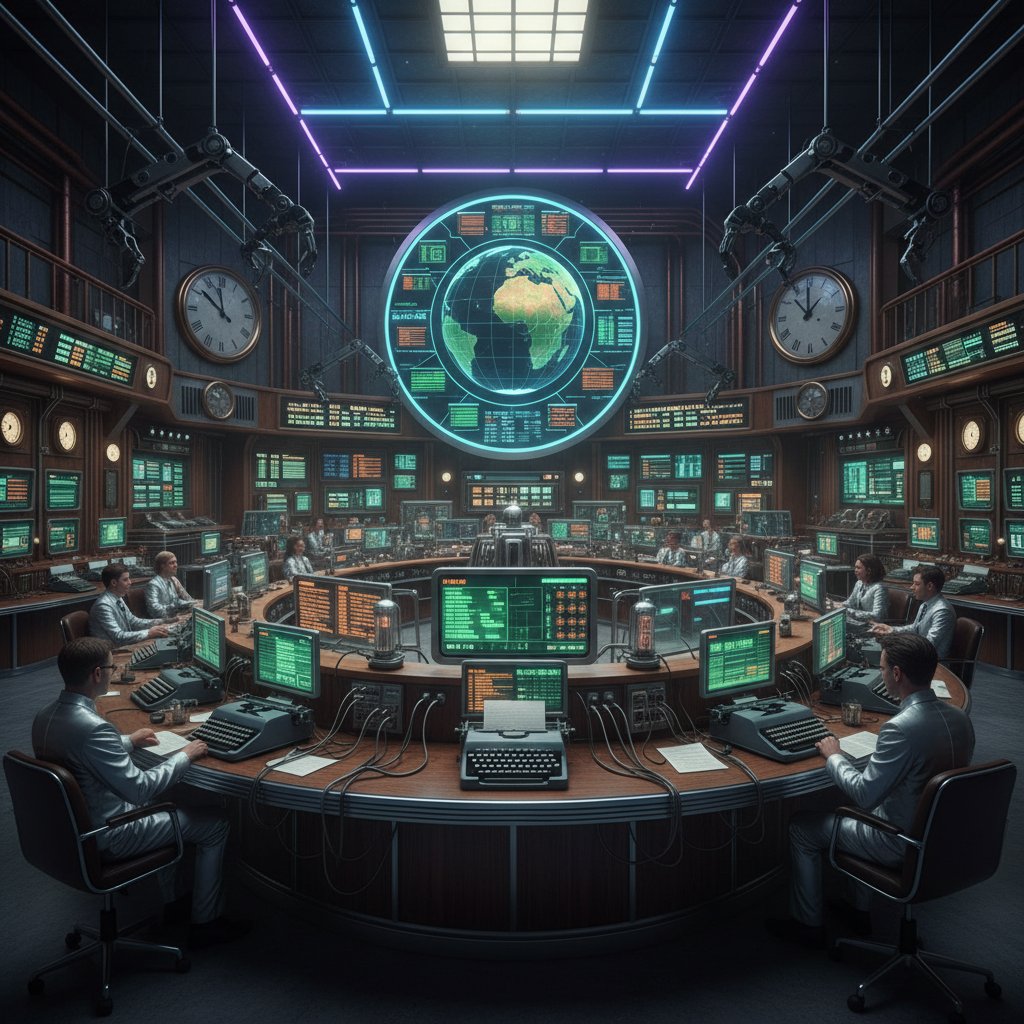 Symbolic image of a hybrid newsroom blending old and new technologies, illustrating AI-generated news industry disruption