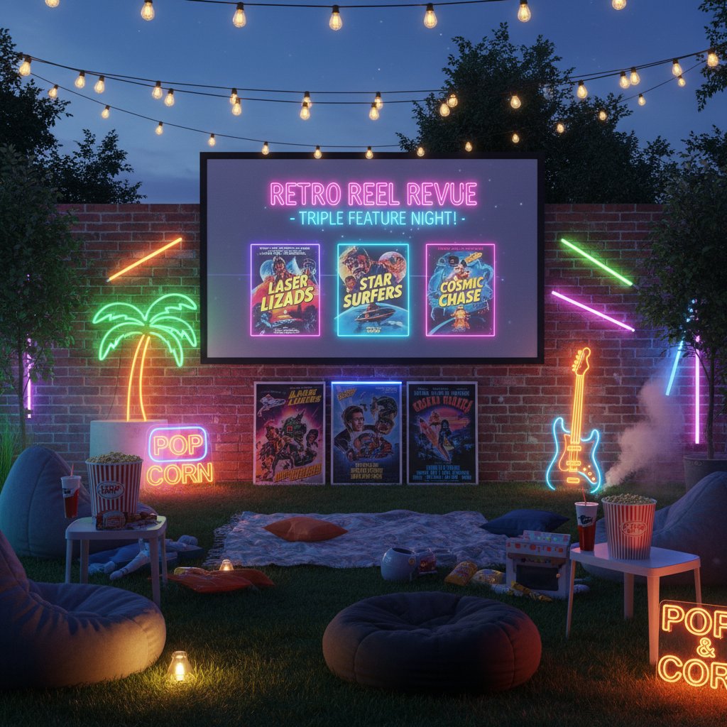 Retro-themed living room set up for a triple feature with neon lights, vintage posters, and classic snacks