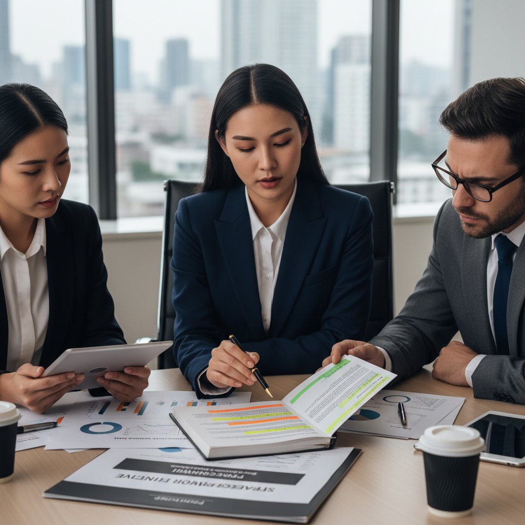 Two businesspeople intensely reviewing a persuasive proposal document with highlighted sections