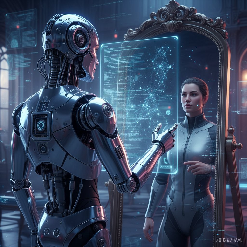 Robot przy komputerze patrzący w lustro, symbolizujący refleksję nad świadomością