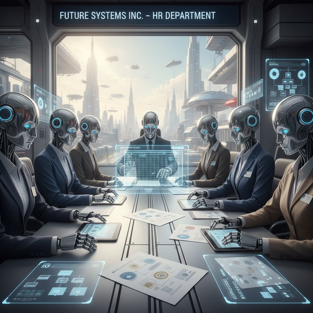Robot z zespołem HR analizujący dokumenty kadrowe