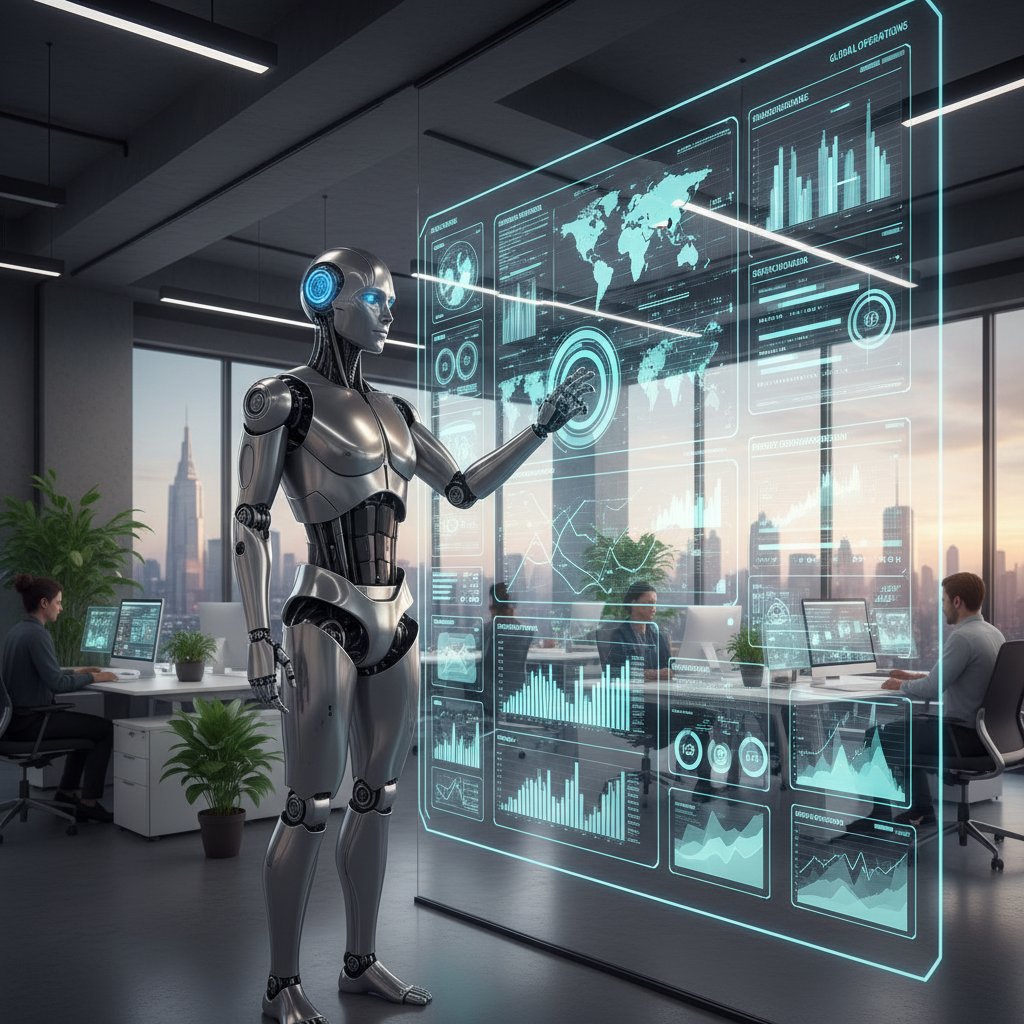 Nowoczesny robot w biurze, otoczony monitorami z danymi, symbolizujący automatyzację administracji