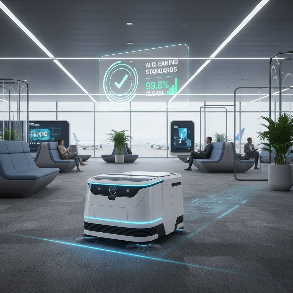 Robot cleaning an airport lounge, representing advanced cleaning standards in 2025
