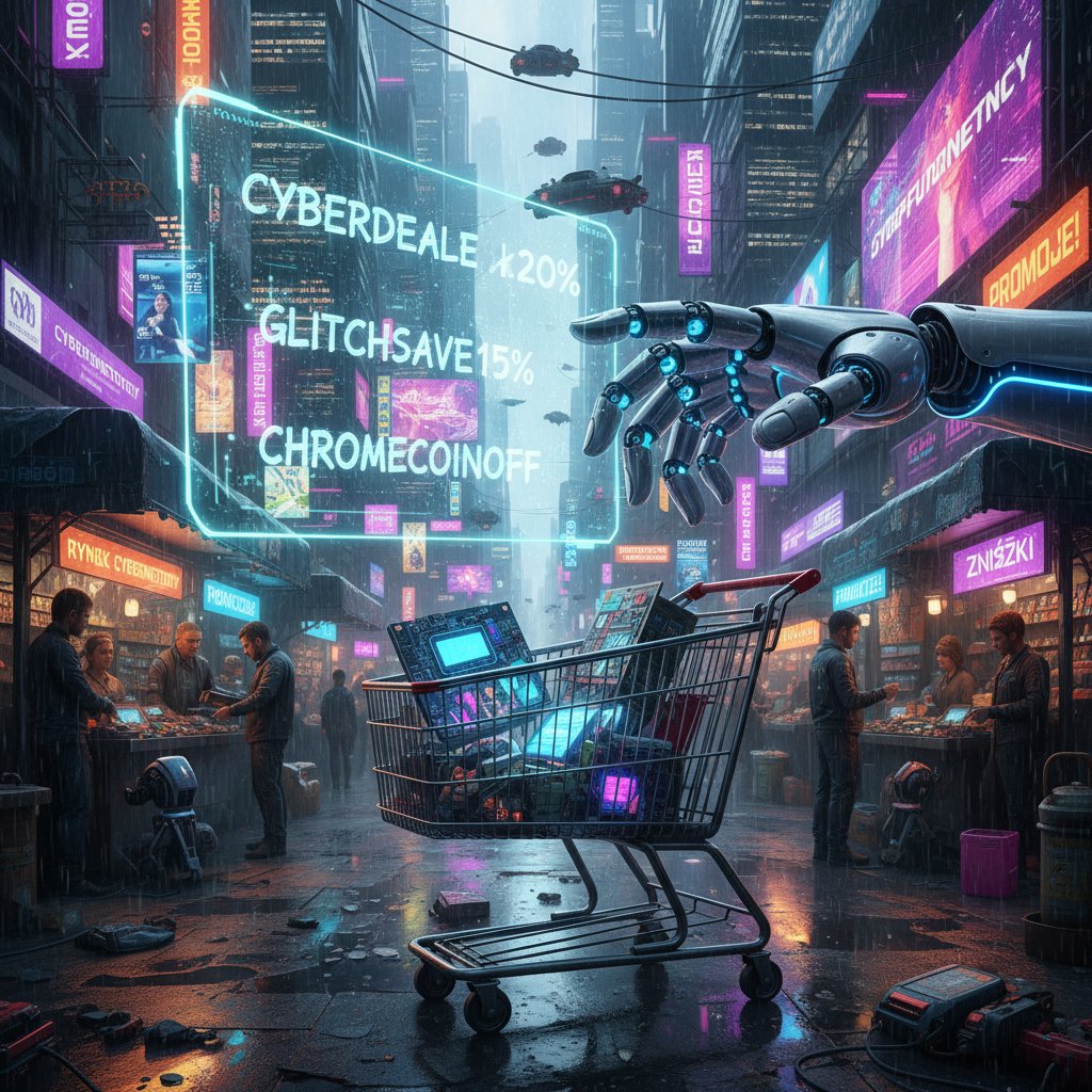 Nowoczesny bot kuponowy w akcji podczas zakupów online, styl cyberpunk, wysoka jakość
