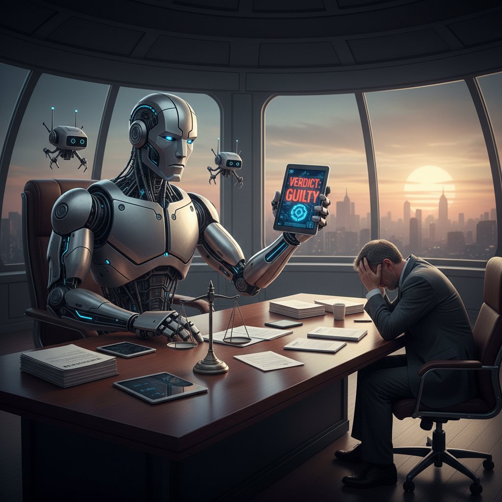 Sztuczna inteligencja jako sędzia – robot i człowiek przy stole z decyzją