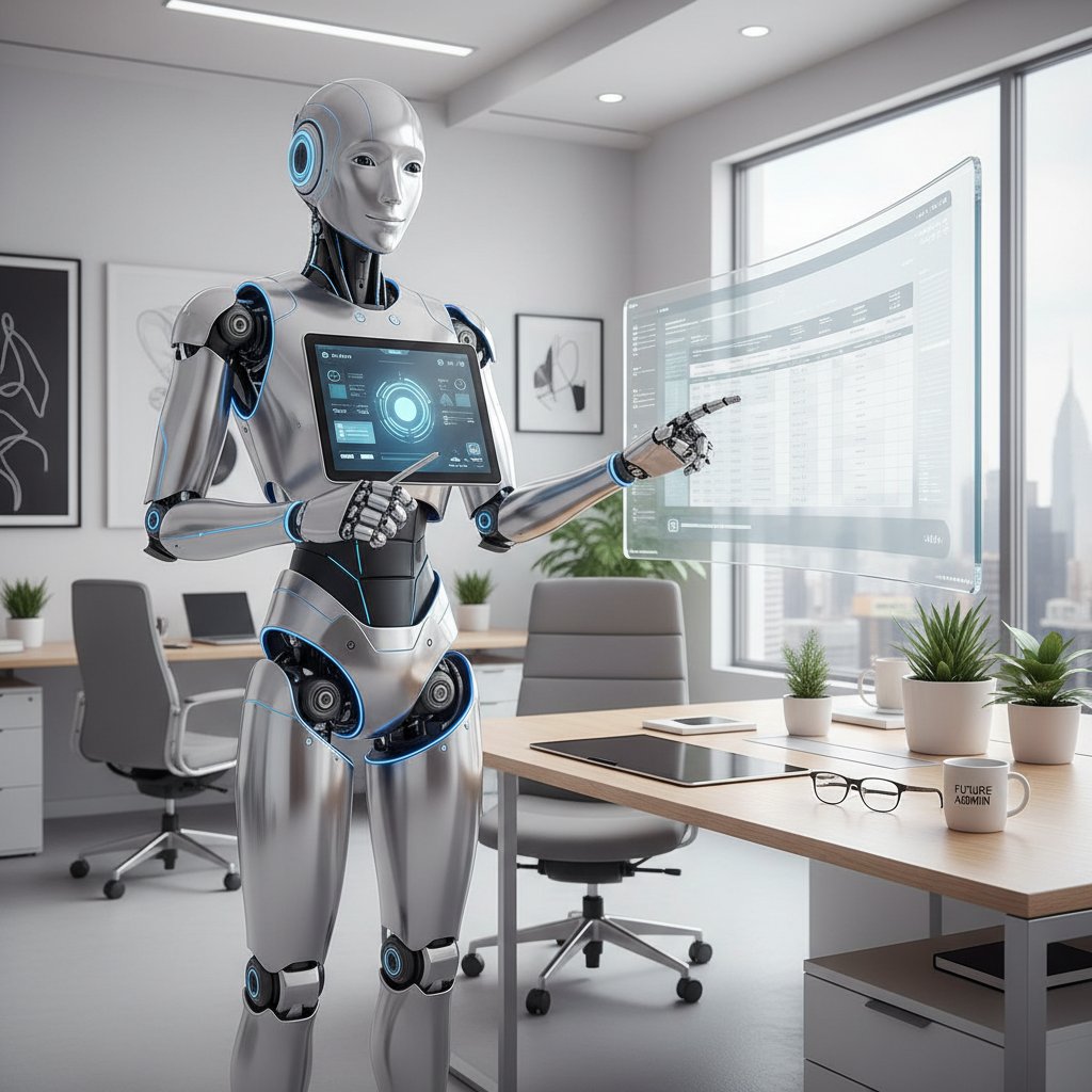 Nowoczesny bot sekretarski przy biurku w dynamicznym biurze, automatyzujący pracę
