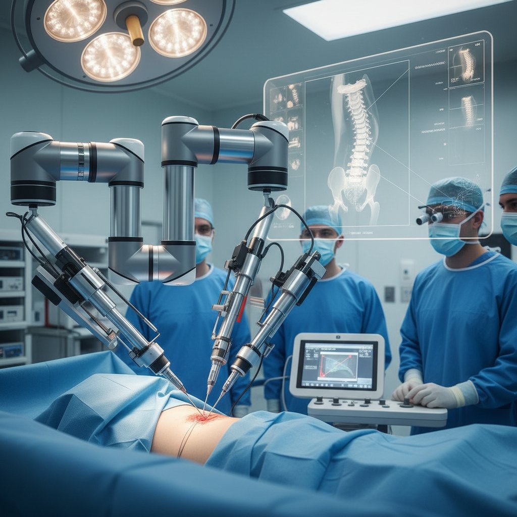 Robot wspomaga operację kręgosłupa w nowoczesnej sali operacyjnej, widoczny chirurg i asysta