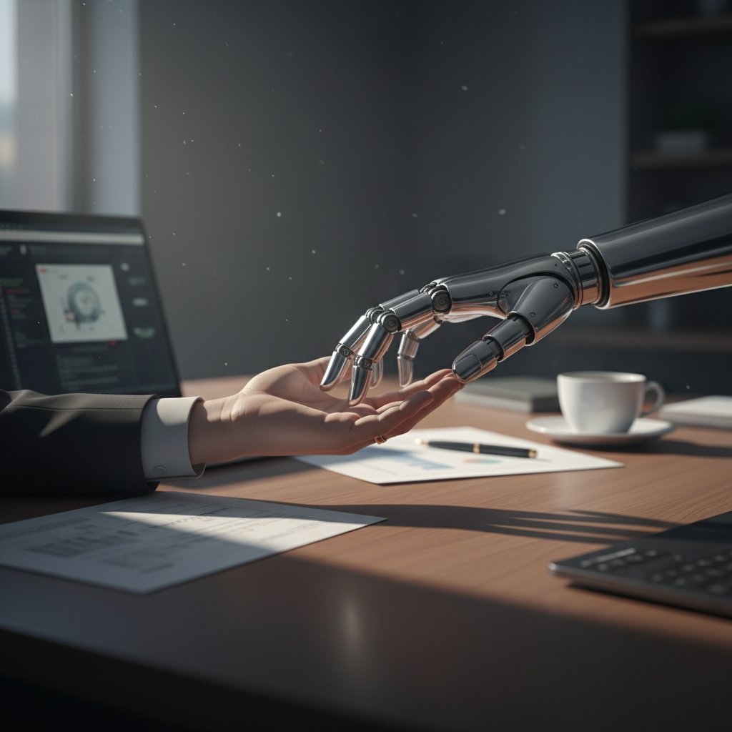 Robotyczna dłoń ściskająca dłoń człowieka na tle biura obsługi klienta – symbol automatyzacji i ludzkiej współpracy
