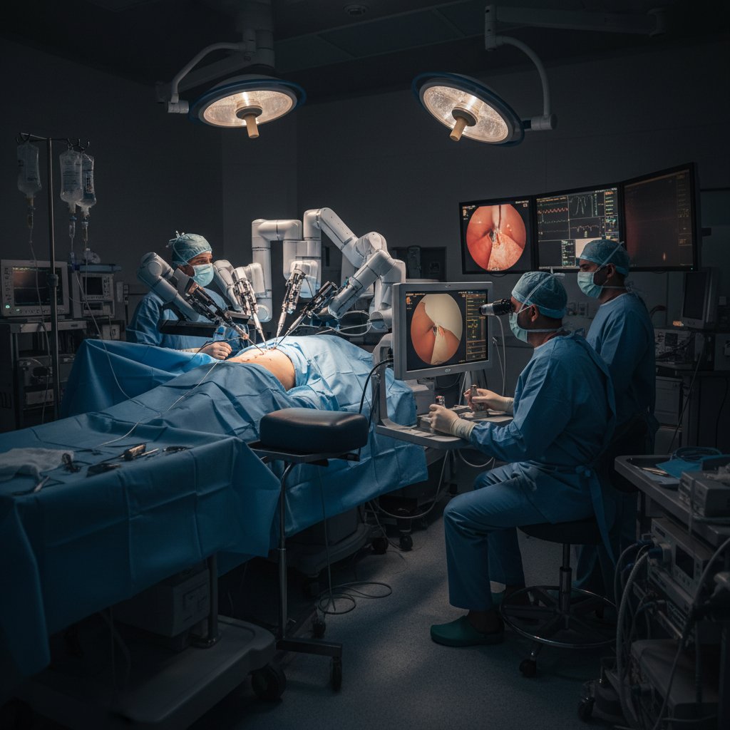 Chirurg onkologiczny w trakcie zabiegu z użyciem robota chirurgicznego, zespół operacyjny skupiony