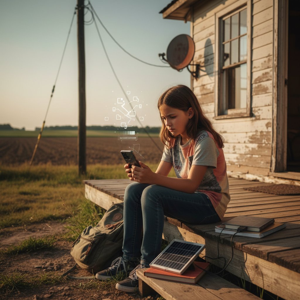 Landlicher Schüler mit Handy, schlechter Internetverbindung – Symbolbild für digitale Kluft