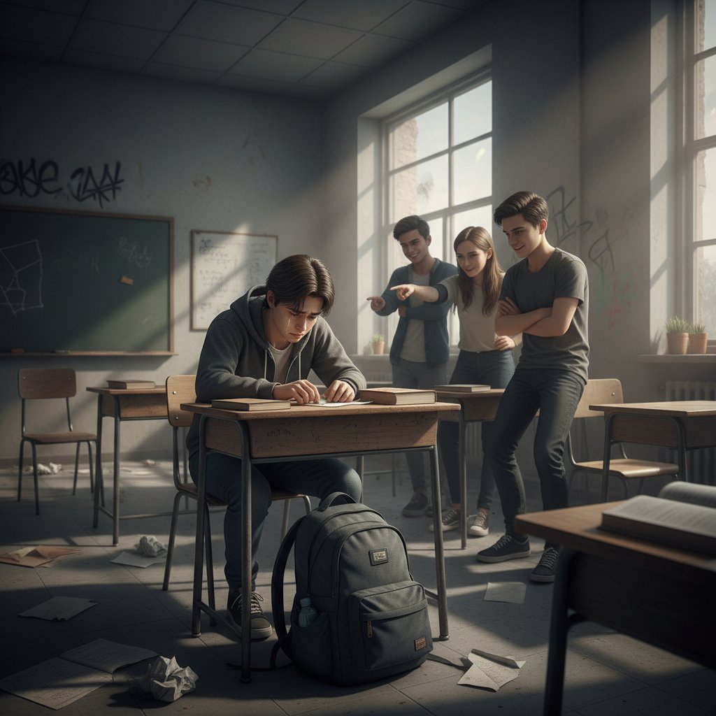 Zamknięty w sobie uczeń patrzący przez okno klasy, grupa rówieśników śmieje się w tle