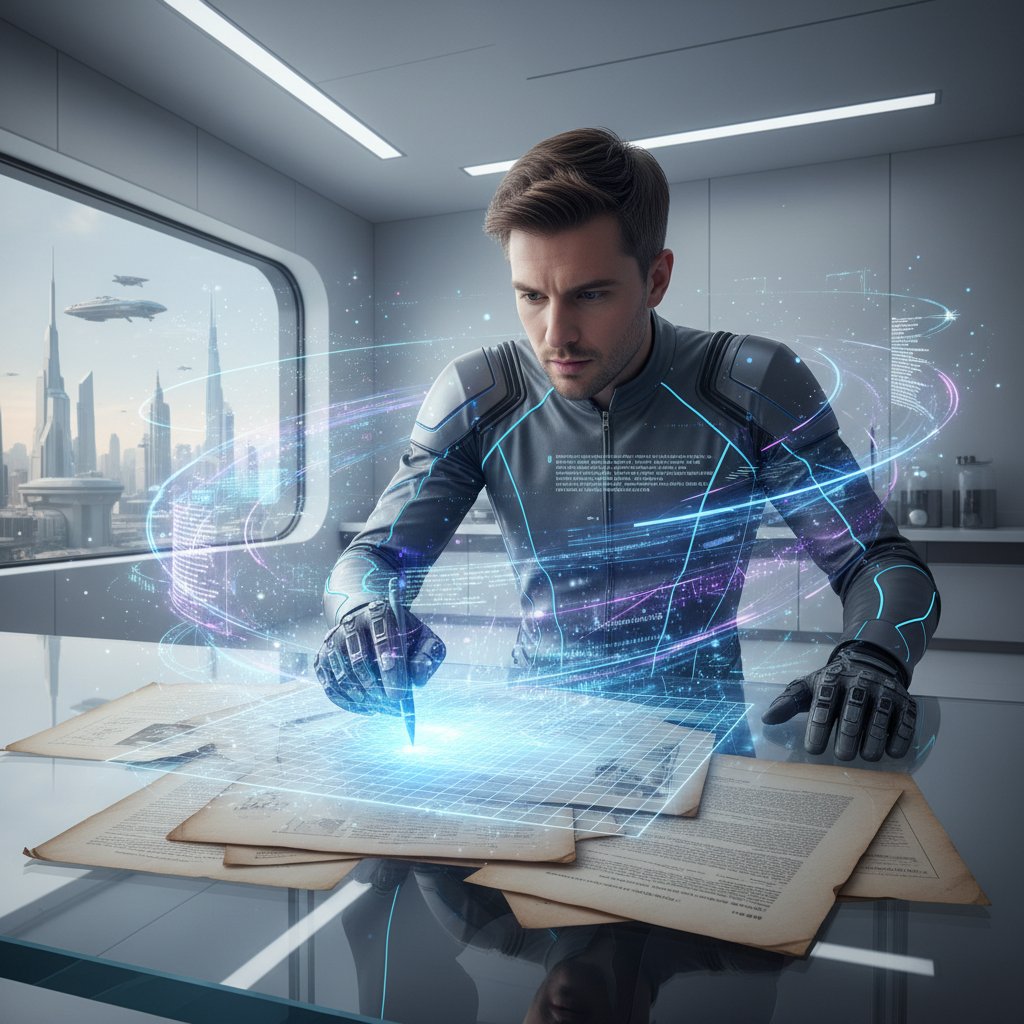 Focused person scanning documents with futuristic tech—symbolizing digital transformation in action