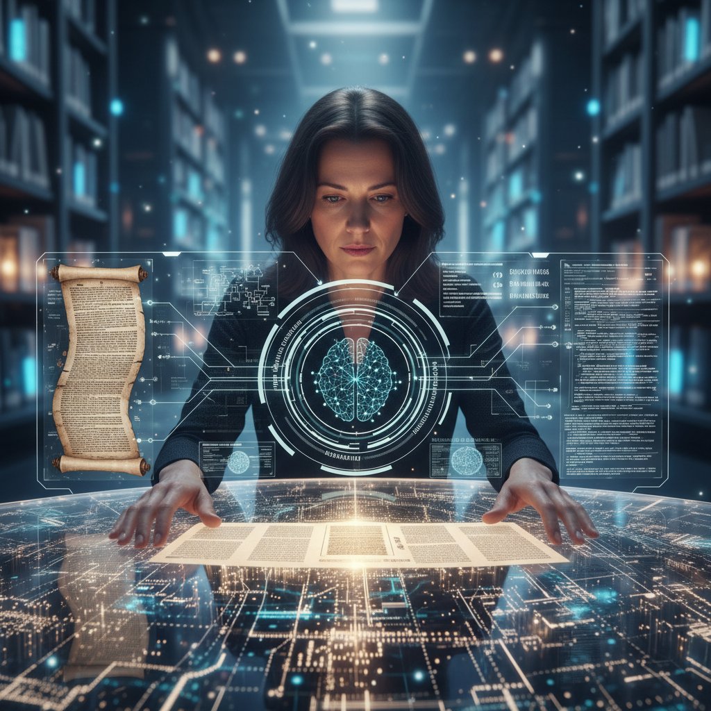A side-by-side of a scholar and an AI interface analyzing the same document