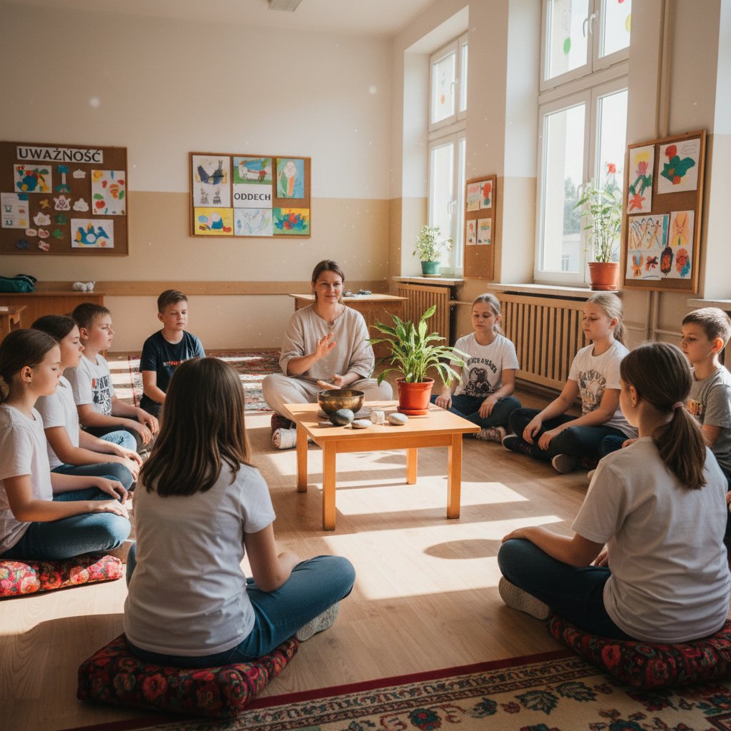 Uczestnicy warsztatów mindfulness w polskiej szkole, ćwiczenia uważności w edukacji