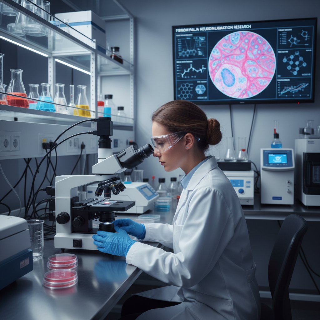 Naukowiec analizujący próbki pod mikroskopem, laboratorium, badania fibromialgii